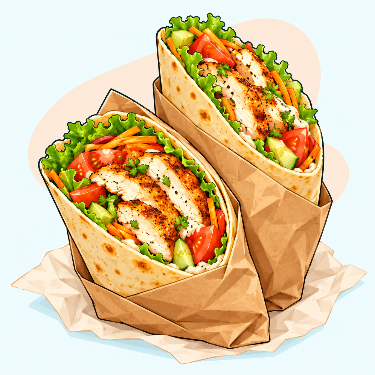 Due wrap tagliati con pollo e verdure, avvolti nella carta da asporto