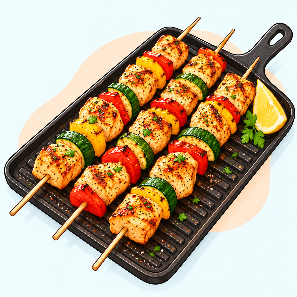Spiedini colorati di pollo e verdure su una griglia rettangolare