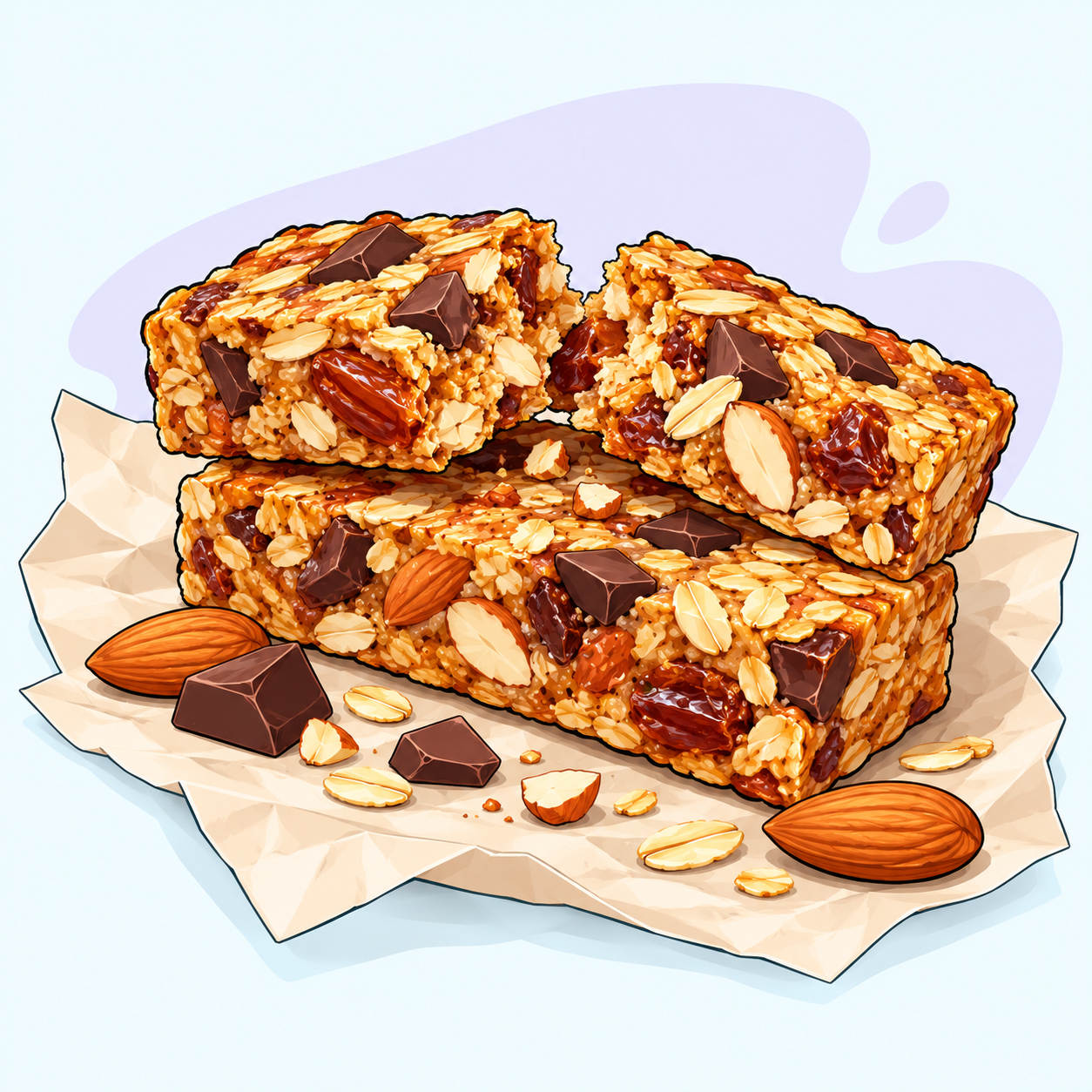 Barrette di avena e frutta secca spezzate, sulla carta da forno