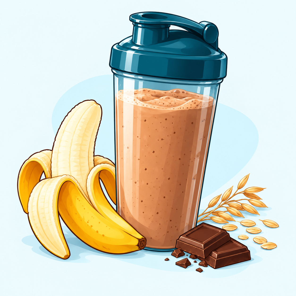 Frullato di banana e cacao in uno shaker sportivo, con banana e cioccolato