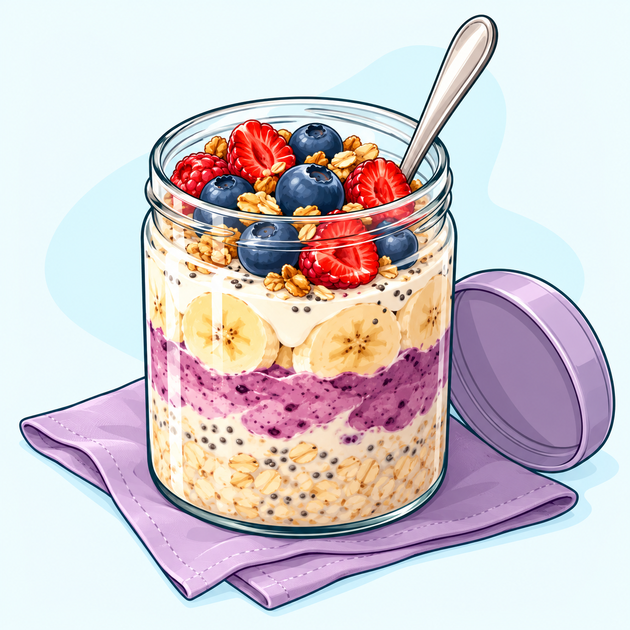 Vasetto di avena e yogurt a strati, con frutti di bosco e cucchiaino
