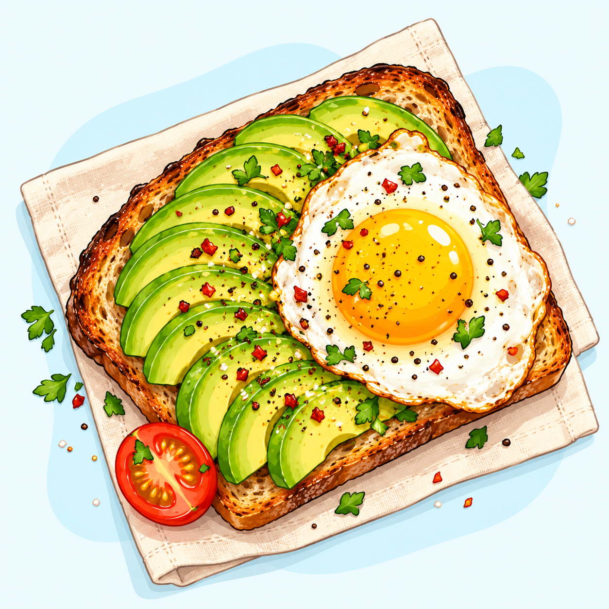 Toast con avocado e uovo, visto dall’alto su un tovagliolo