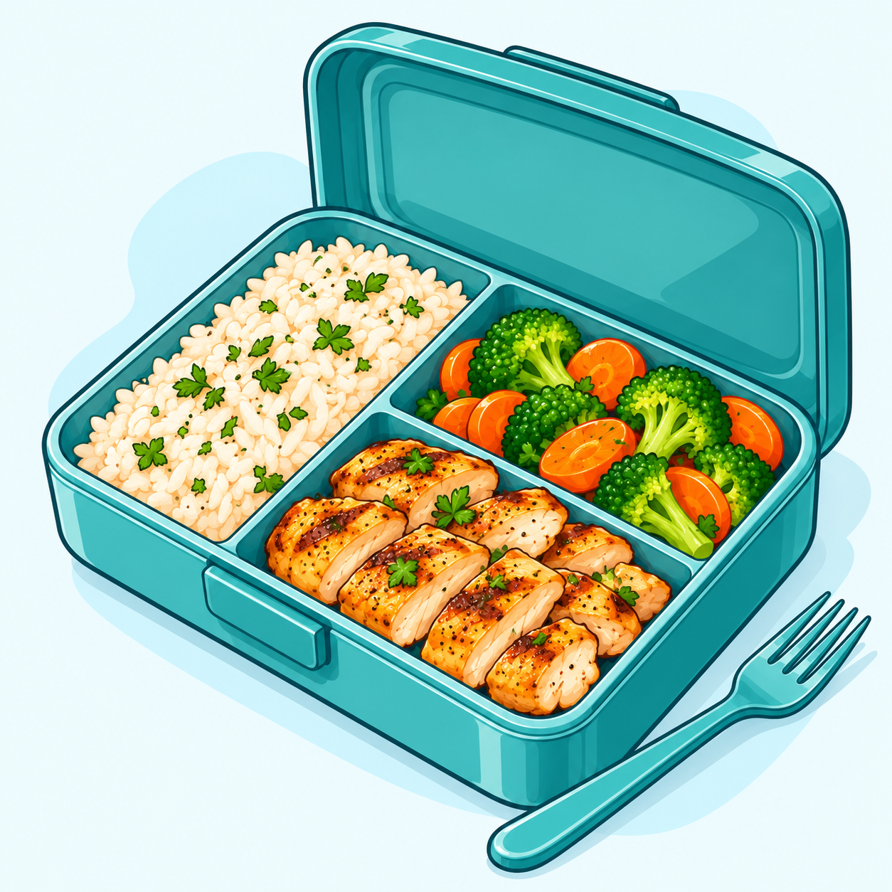 Lunch box a scomparti con riso, pollo e verdure