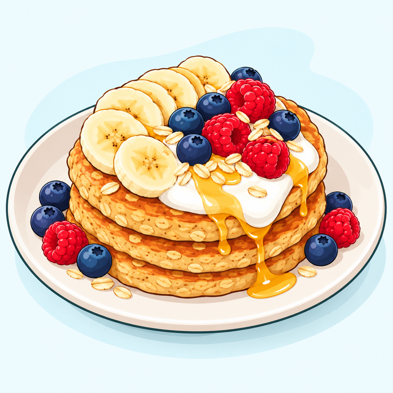 Pancake di avena con yogurt, banana, mirtilli e lamponi su un piatto