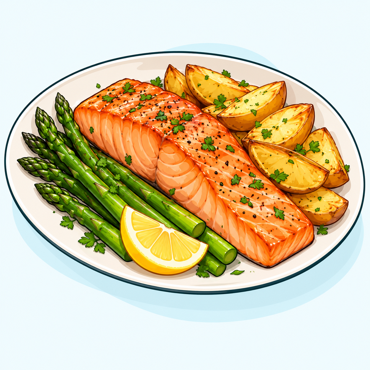 Salmone con patate al forno, asparagi e limone su un piatto ovale
