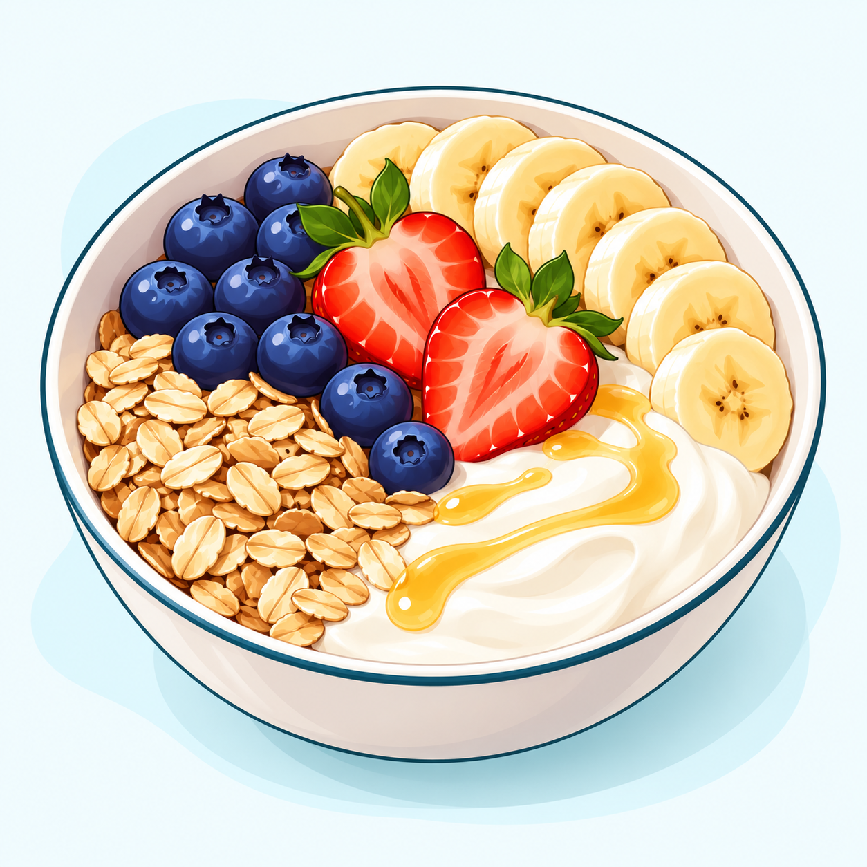 Ciotola di yogurt con avena, banana, fragole e mirtilli