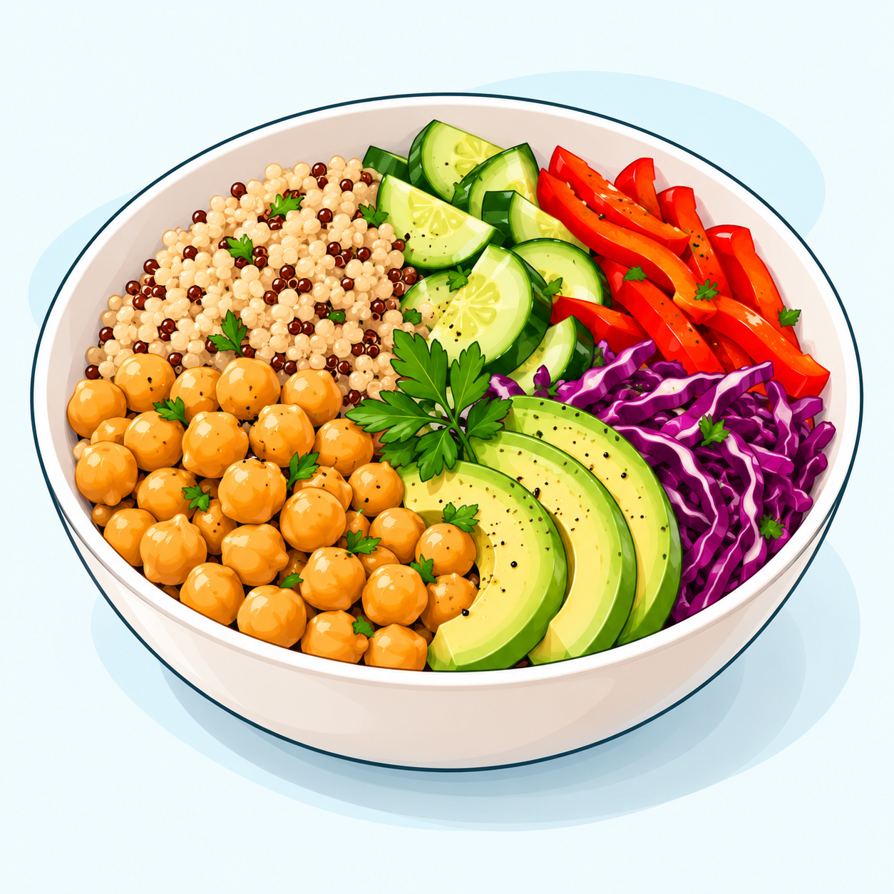 Ciotola illustrata di quinoa, ceci, avocado e verdure colorate